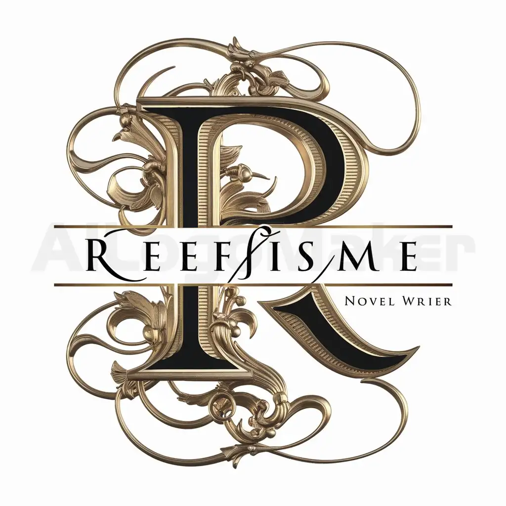 a logo design,with the text "R", main symbol:an alphabet R design, with the text 'Reefisme' below, main symbol: Letter R is main focus, Typography, gold, black, elegant, expensive, ornamental metal material, Moderate, be used in novel writer, clear background,complex,clear background