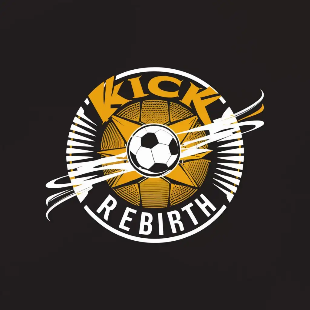 a logo design,with the text "Kick Rebirth", main symbol:The logo could incorporate a stylized soccer ball (football) in the center, perhaps depicted mid-flight or in motion, symbolizing the action and excitement of the sport. Surrounding the soccer ball, there could be rays of light or dynamic lines emanating outward, representing the idea of rebirth or renewal. The overall design should feel vibrant and lively, with bold and modern typography for the text "Kick Rebirth." Consider using contrasting colors to make the logo stand out, such as a combination of vibrant orange for the soccer ball and energetic blue for the surrounding elements. This combination would evoke the energy and passion associated with football while also conveying the theme of regeneration or renewal.,complex,be used in Sports Fitness industry,clear background