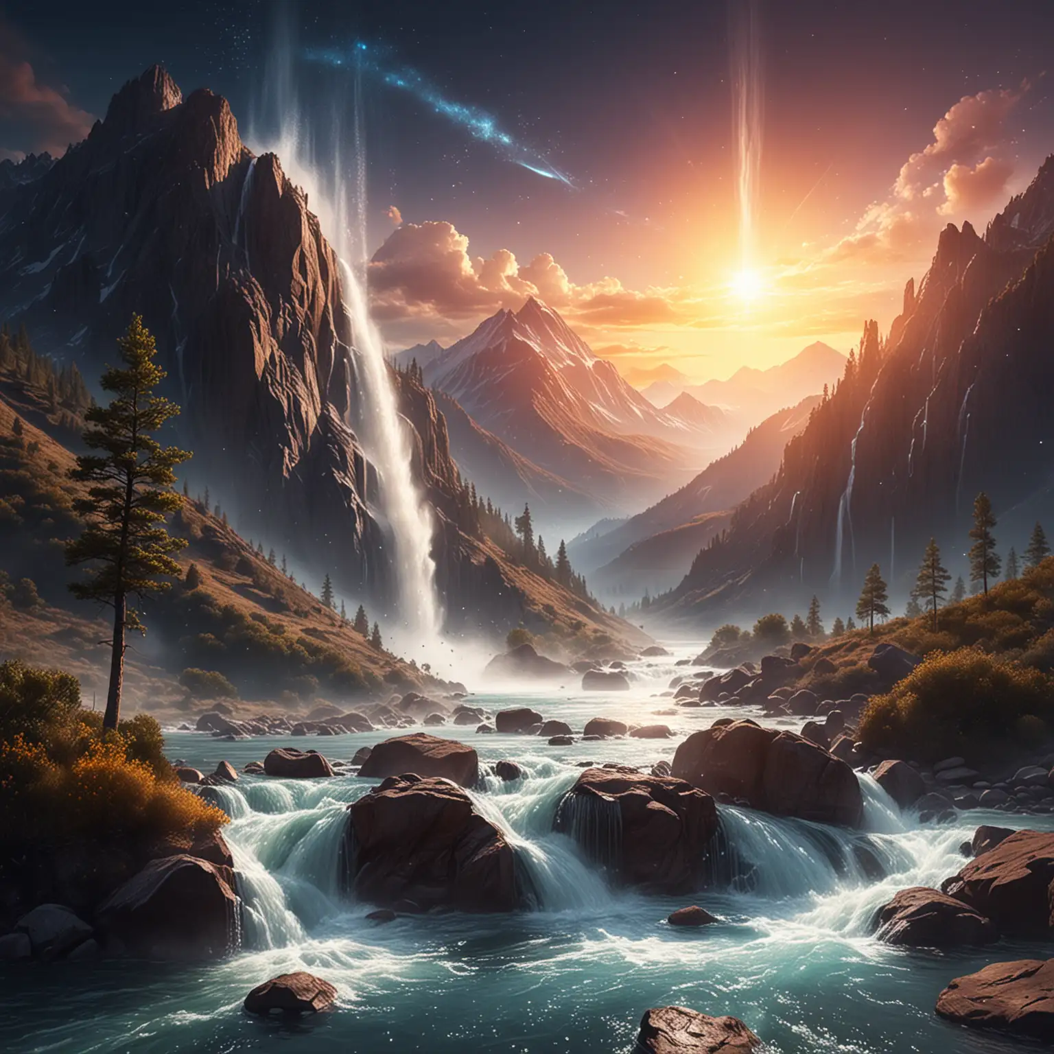 create an image that depicts water streaming down from mountain with outerspace effects. Include a sunrise