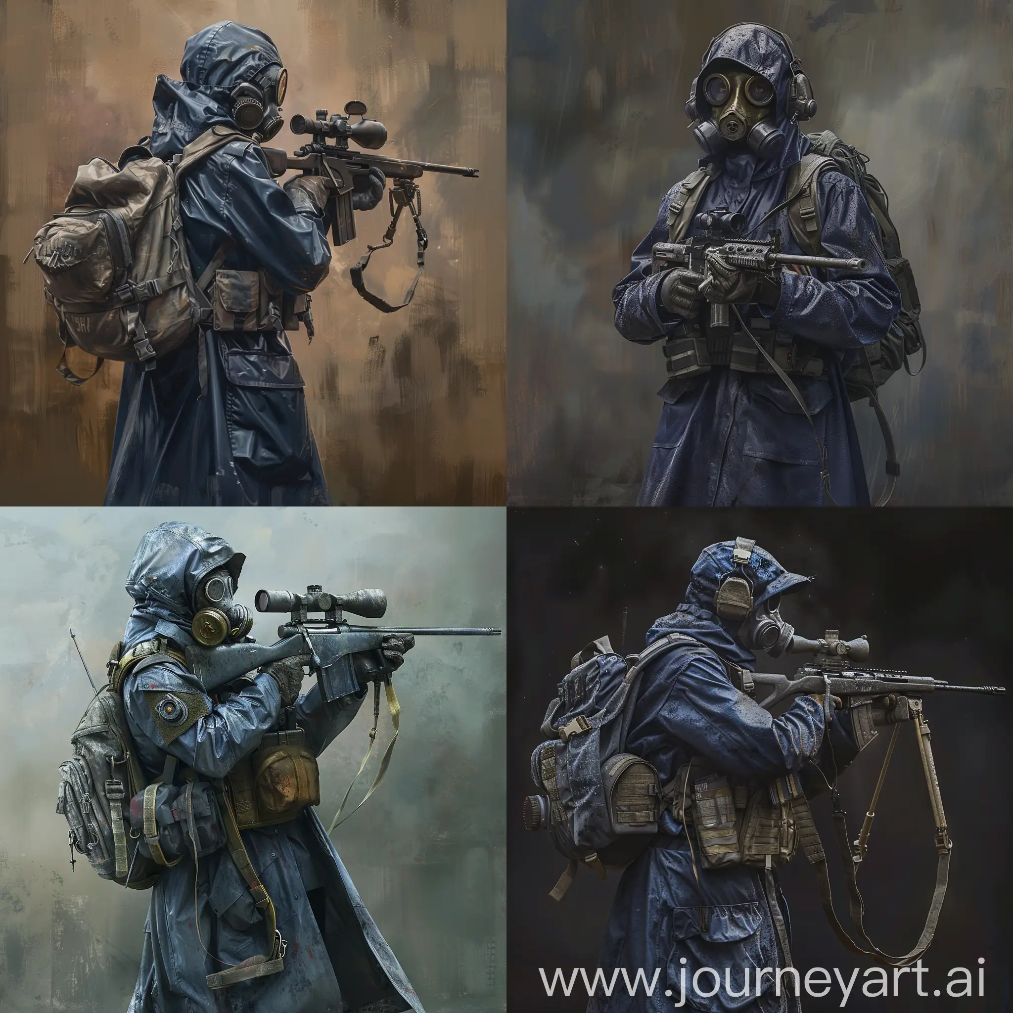 art a mercenary from the universe of S.T.A.L.K.E.R., a mercenary dressed in a dark blue military raincoat, gray military armor on his body, a gas mask on his face, a small military backpack on his back, sniper rifle in his hands, mercenary navigating hazardous anomalies, in the Chernobyl Exclusion Zone, searching for valuable artifacts while unraveling the mysteries of the Zone's dark past and struggling to survive against all odds.
