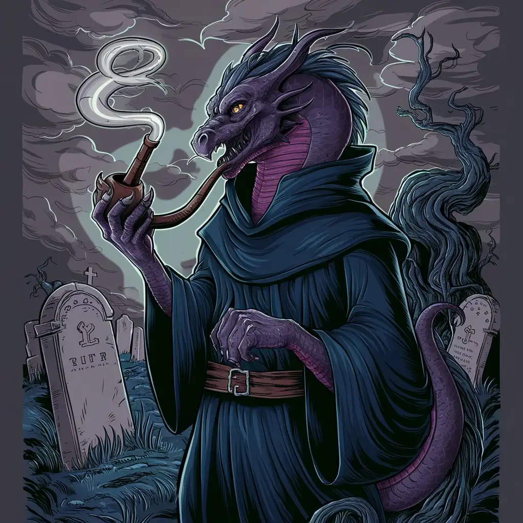 тёмно-фиолетовый драконорожденный  некромант курит трубку