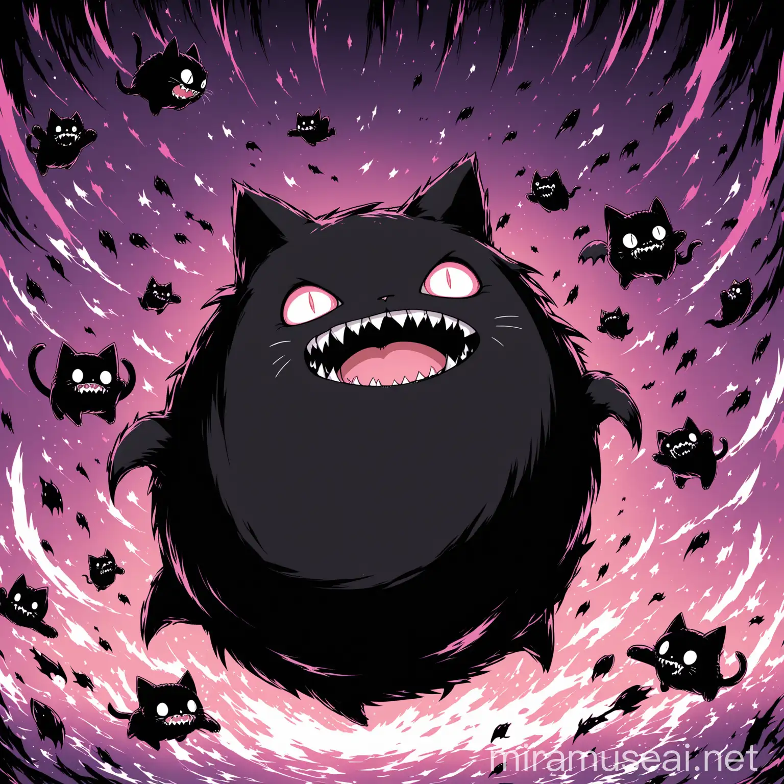 cat escaping from a large black sack style of somber terror monster fangs scary magical fantasy kawaiicore