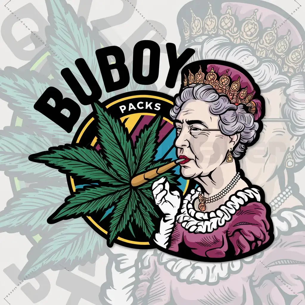 a logo design,with the text "Budboy", main symbol:Queen Elizabeth smoking weed high,complex,be used in Loud packs industry,clear background