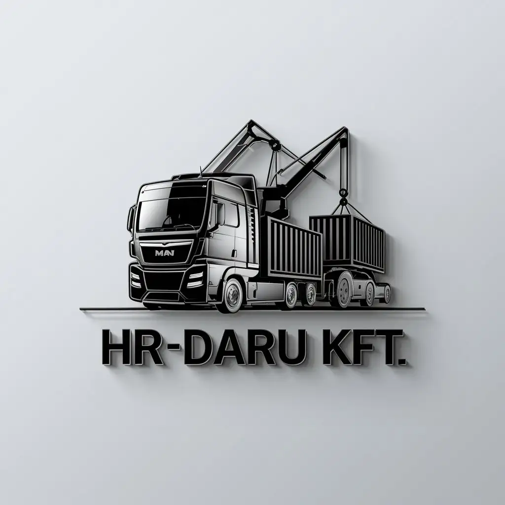 a logo design,with the text "HR-Daru Kft.", main symbol:MANtruck ,truckcrane, transport, container,Moderate,be used in Construction industry,clear background