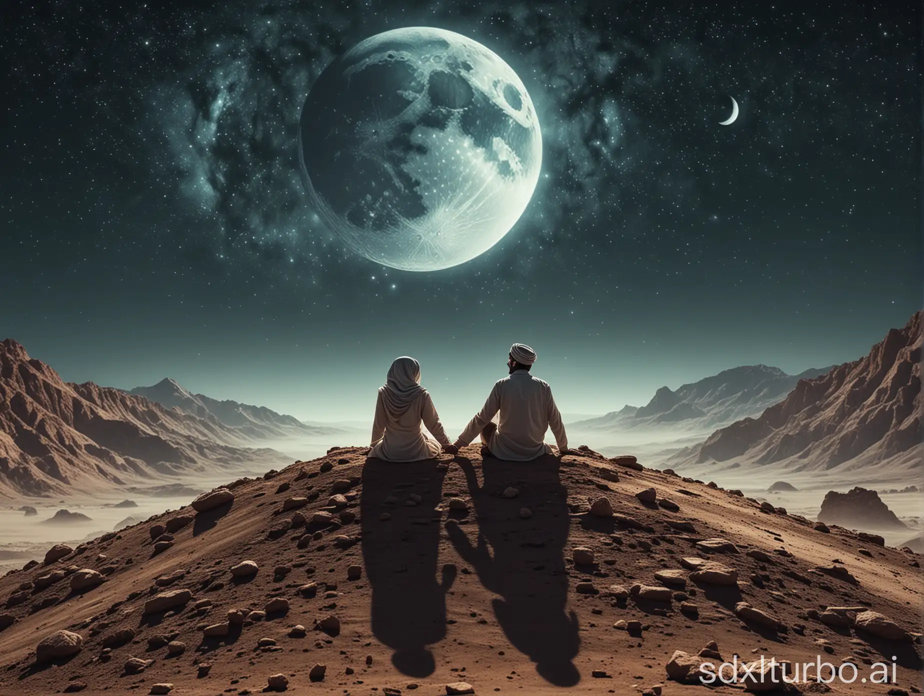Magical scene of iranian couple on moon , stylize the best on your idea but maintain core prompt