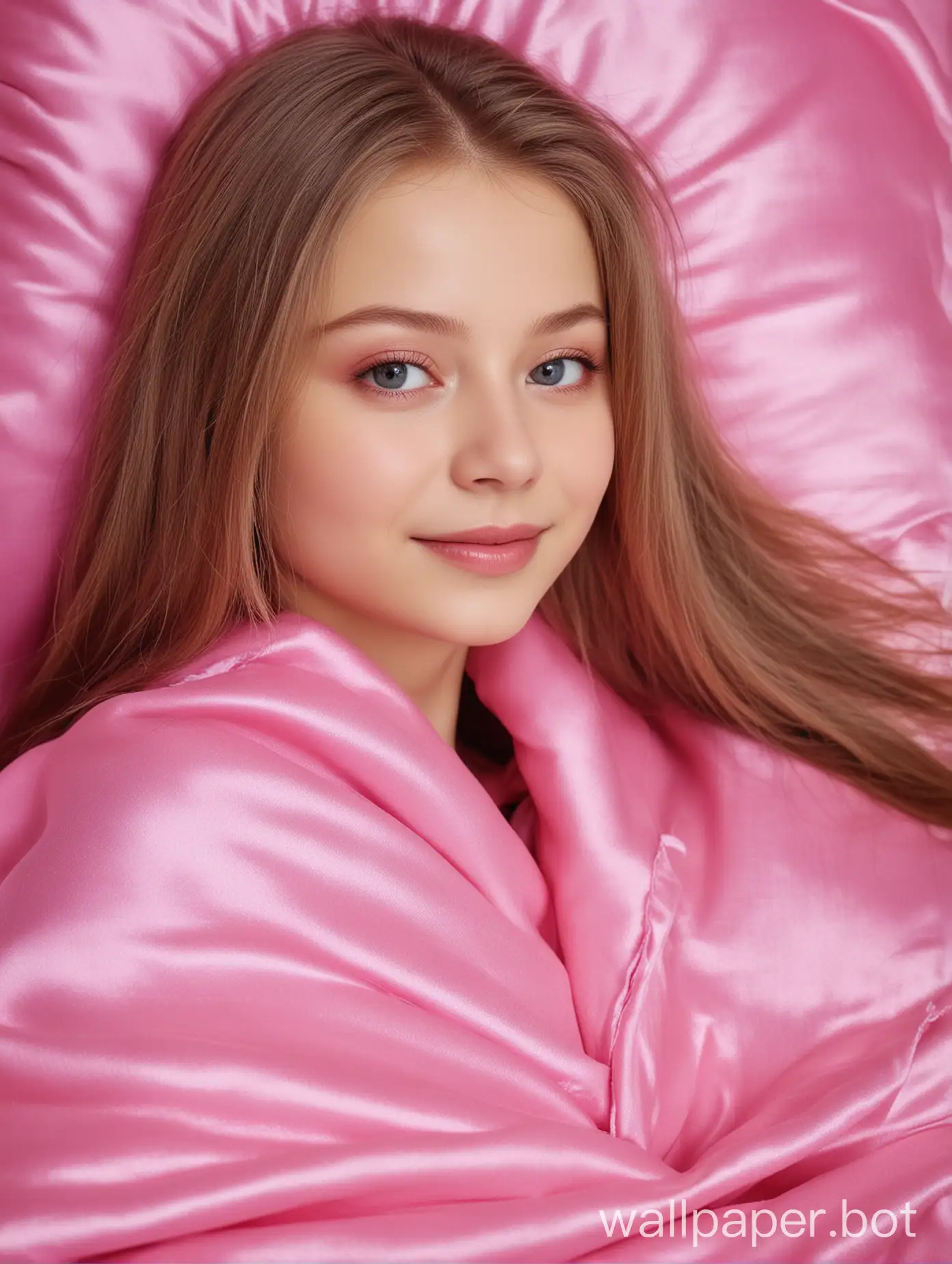 Сладкая милашка Юлия Липницкая с длинными прямыми шелковистыми волосами в розовом фуксиевом шелковом одеяле и подушке улыбается