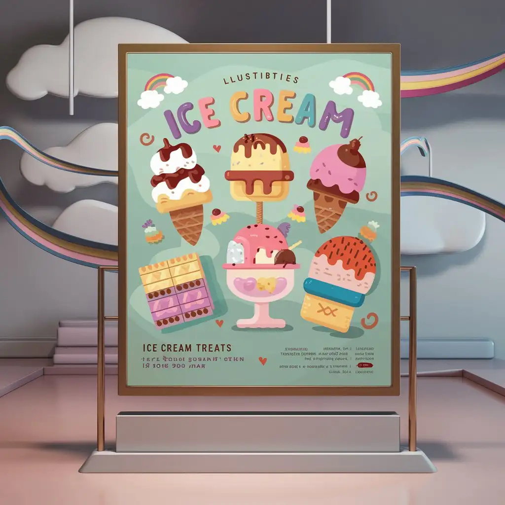 Cartoon Style Ice Cream Advertisement with Stand