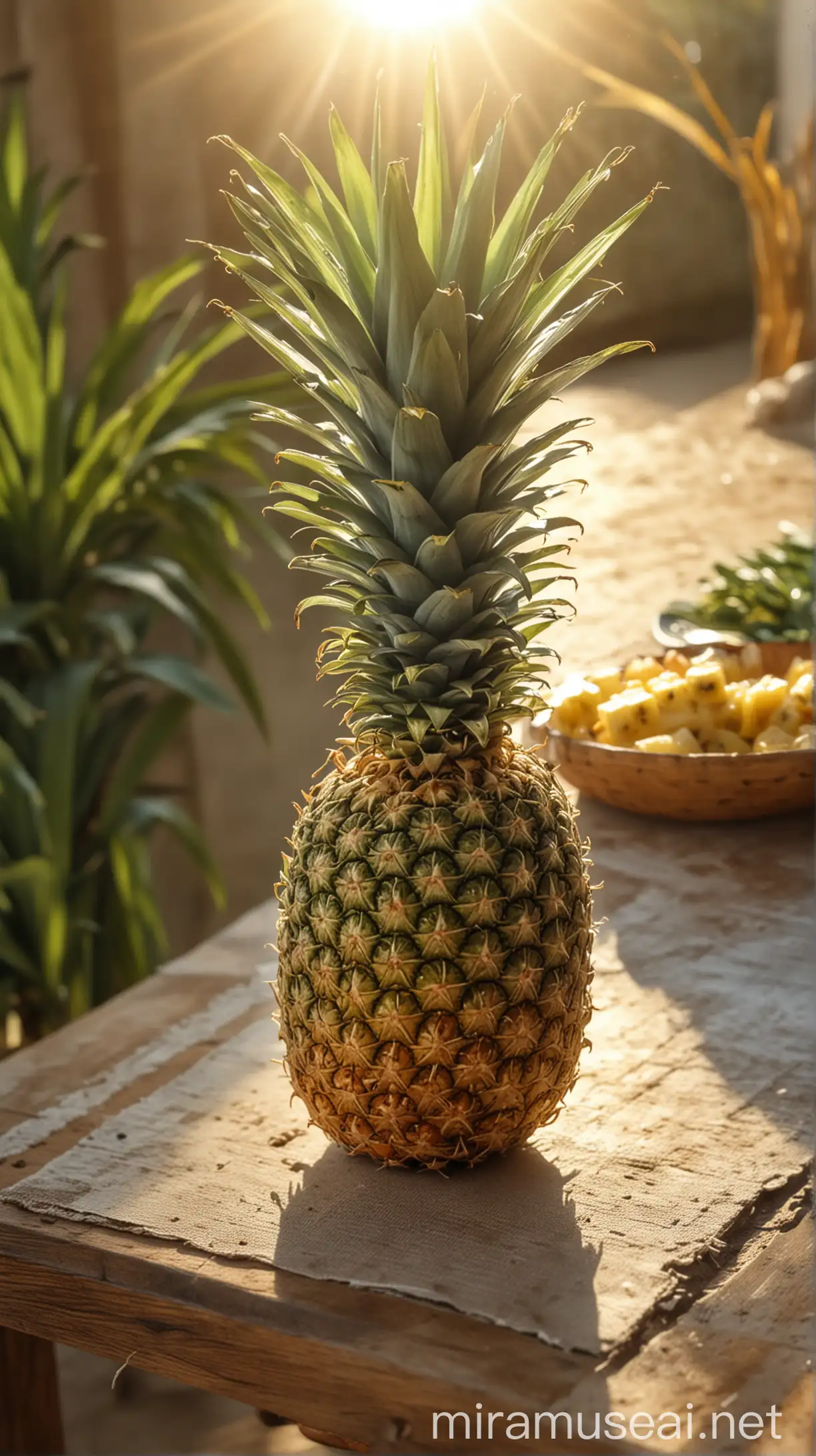 Fresh Pineapple on Exquisite Table Natural Background with Sunlight Effect