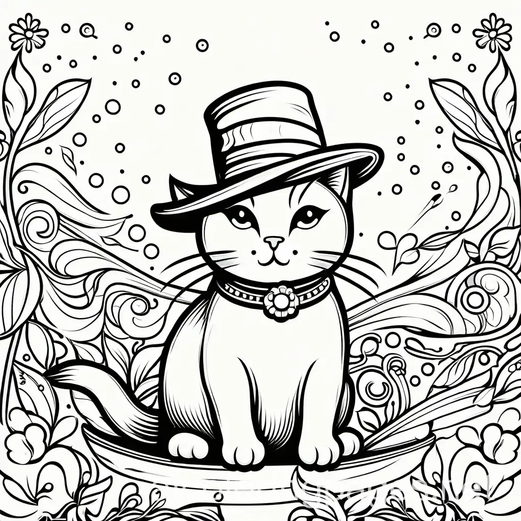 cat wearing a hat at a party, Coloring Page, black and white, line art, white background, Simplicity, Ample White Space