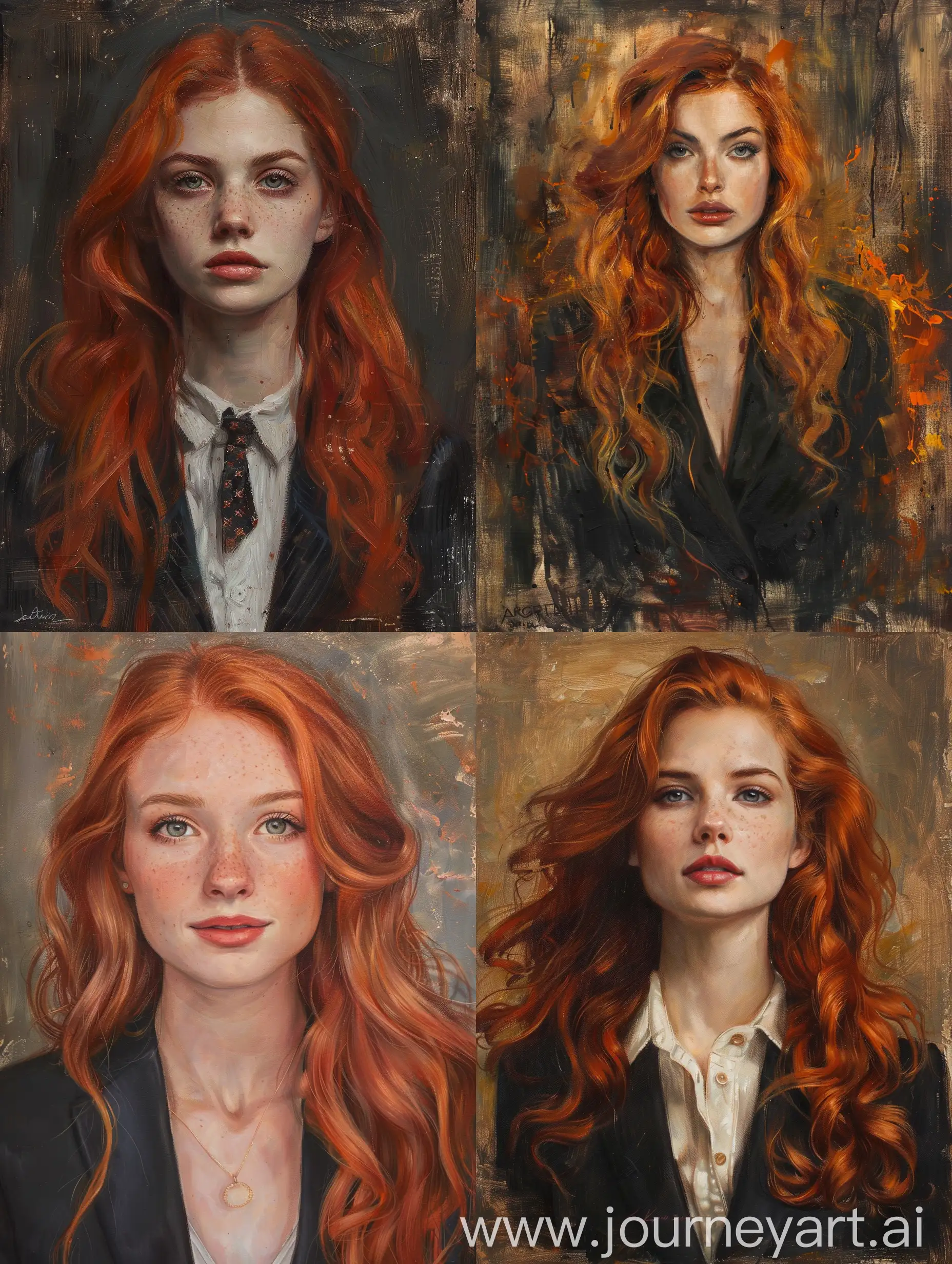 an oil painting portrait photo of a young woman with firey red hair, bust, suit
