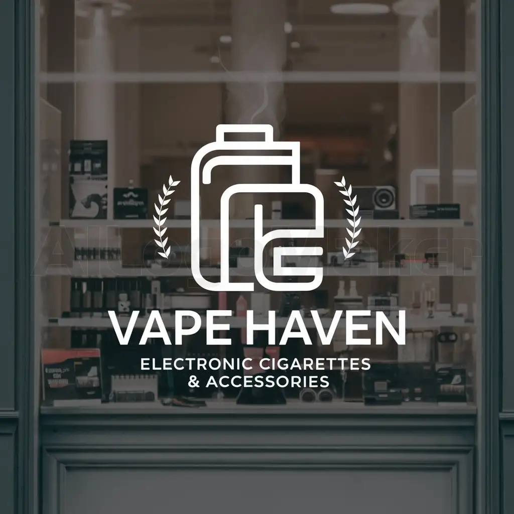 a logo design,with the text "Vape Haven", main symbol:Photo of a beautifully designed shop window with brand name electronic cigarettes and accessories.,Moderate,be used in Entertainment industry,clear background