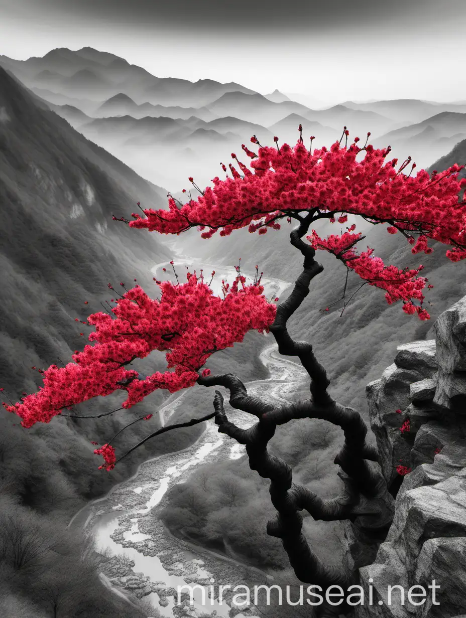 Vibrant Red Cherry Blossom Tree Amidst Serene Greyscale Mountain Valley
