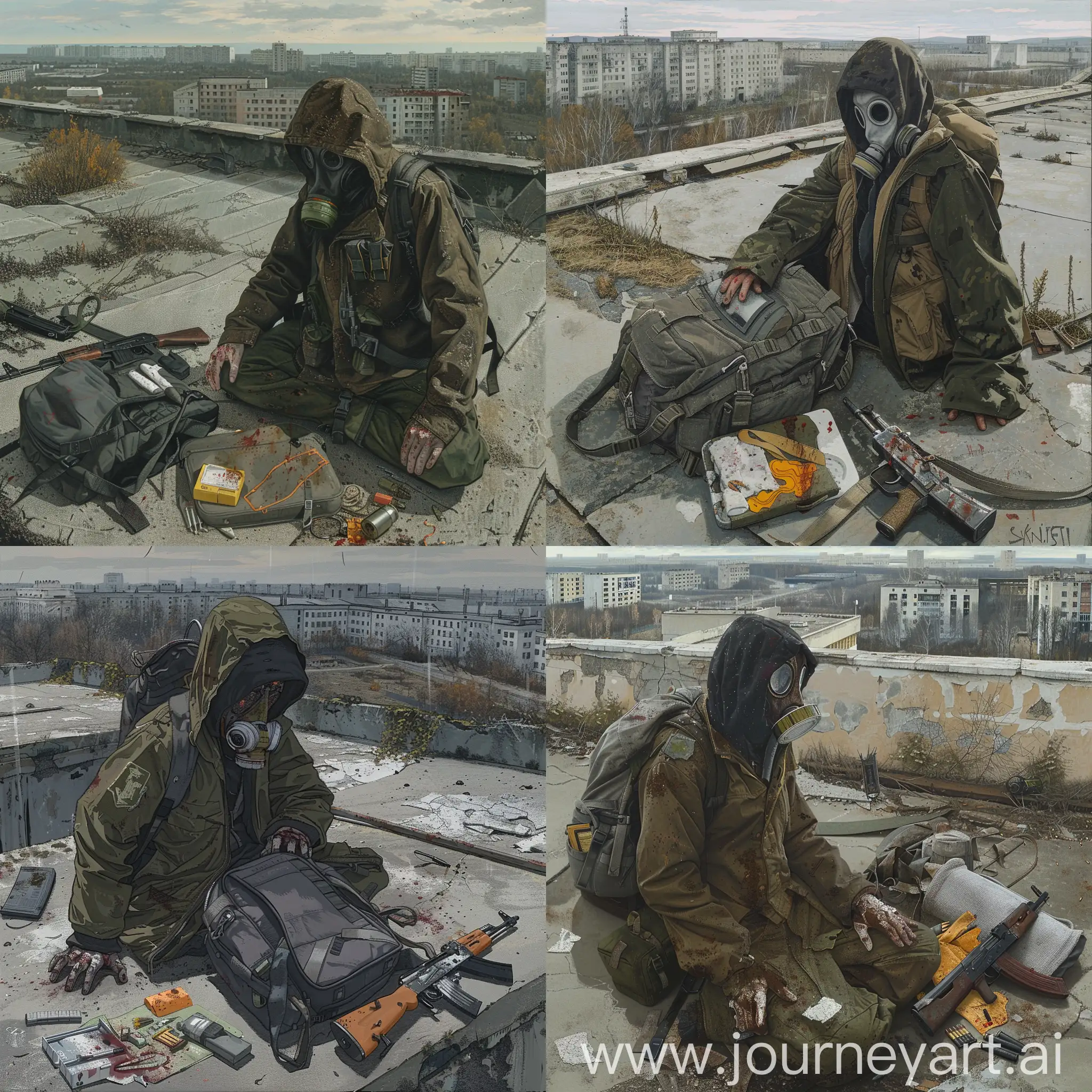 Stalker art, mystical art, the roof of an abandoned building in the abandoned city of Pripyat, a stalker in a gas mask, in a brown jacket, military unloading on top of the jacket, next to the stalker lies a gray backpack, an open and already used first aid kit, bandages, the stalker is almost covered in dirt, his hands are covered in blood and 2 fingers are missing on one hand, there is also an AK-47 lying nearby, the abandoned Soviet city of Pripyat is visible from the roof, mystical art.
