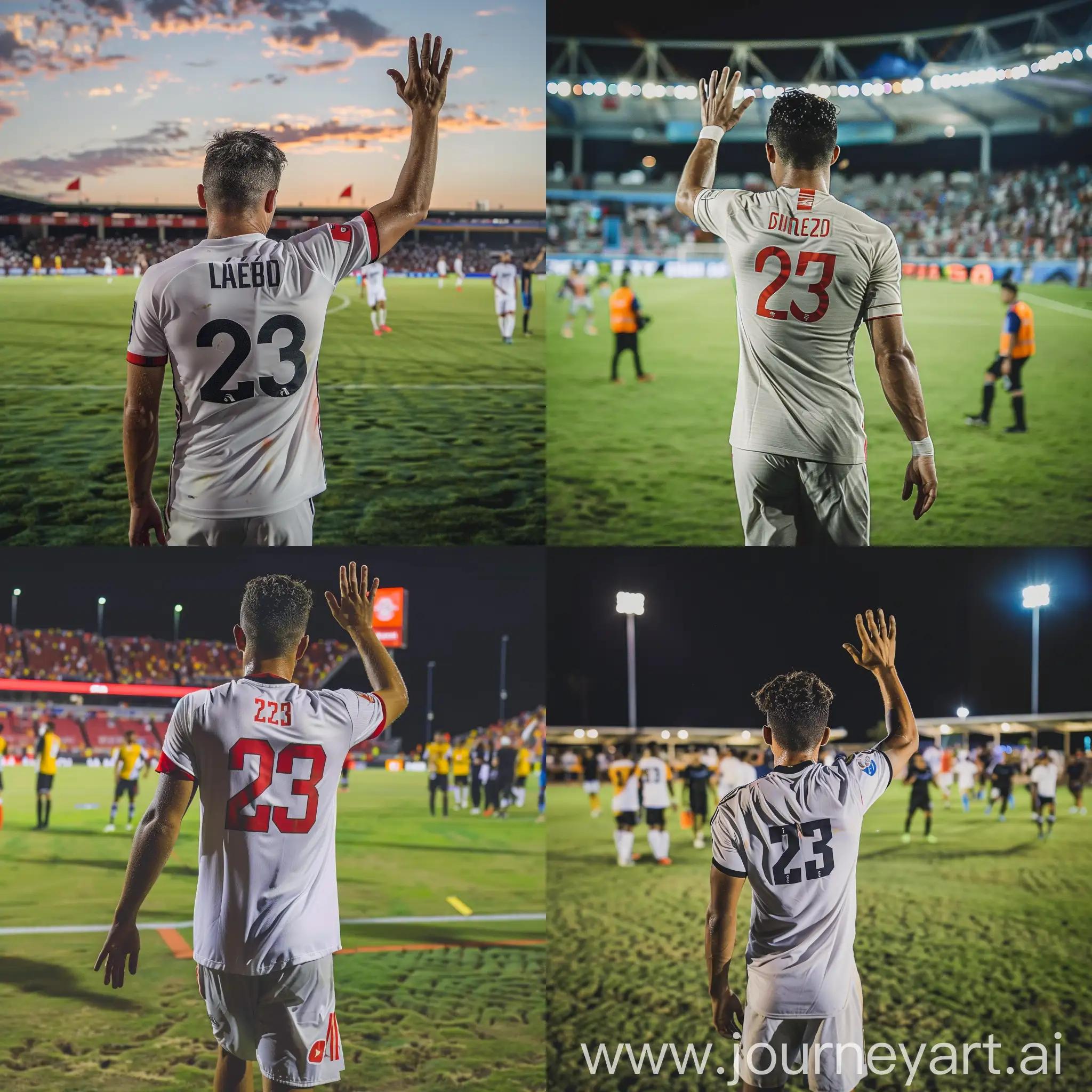 A soccer player with number 23 and from the back view waving and looking at the spectators leaving the football field