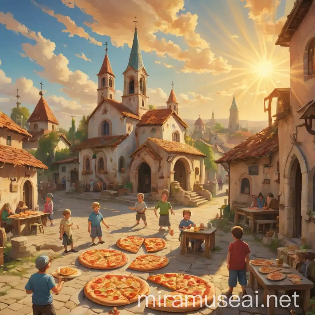a village with small jolly people all loving pizzas and kebab, in the horizon you see christian churches, the sun religously beams down from the heaven, colorfull, humorous and extreme