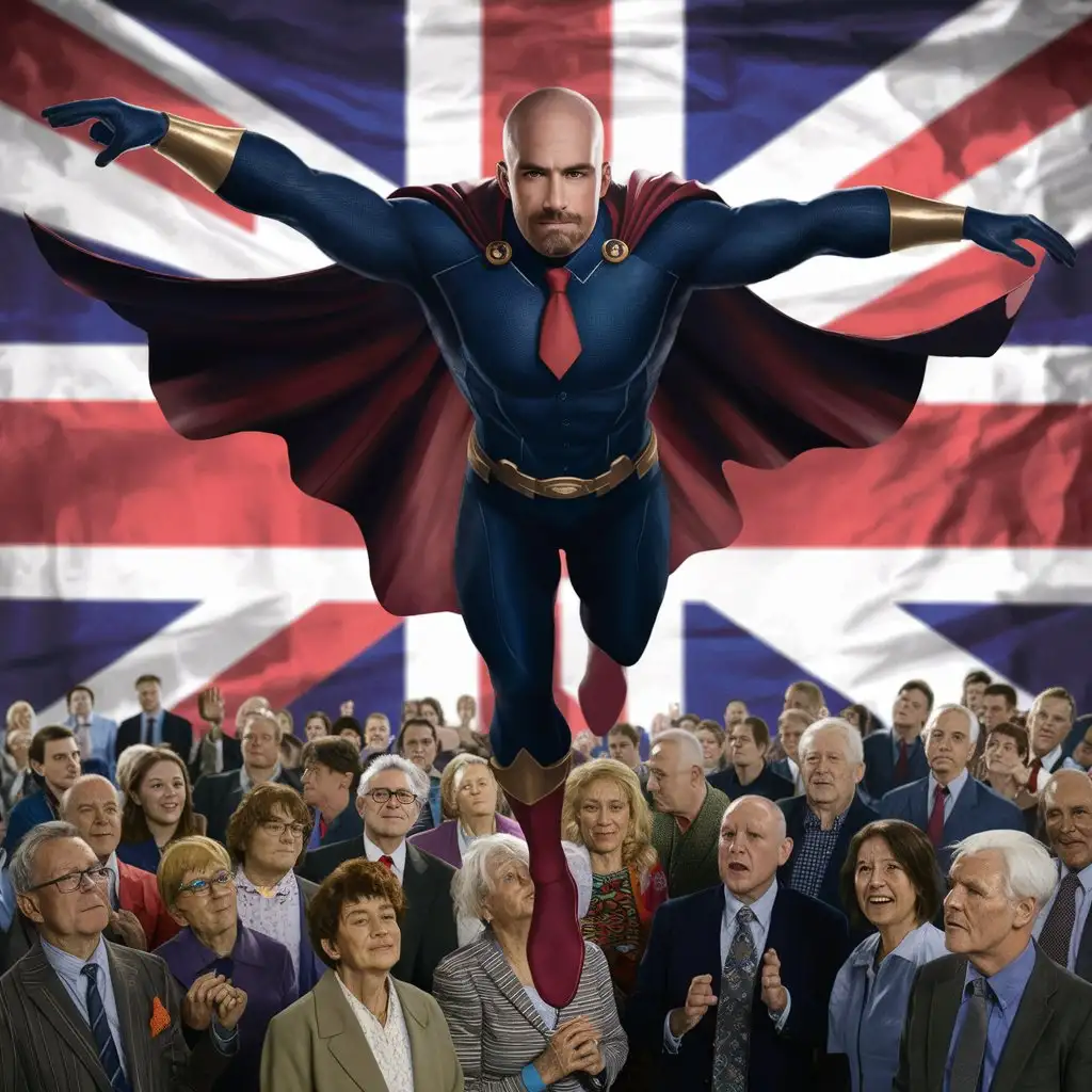 Superhero Flying Above Diverse Voters in Front of English Flag