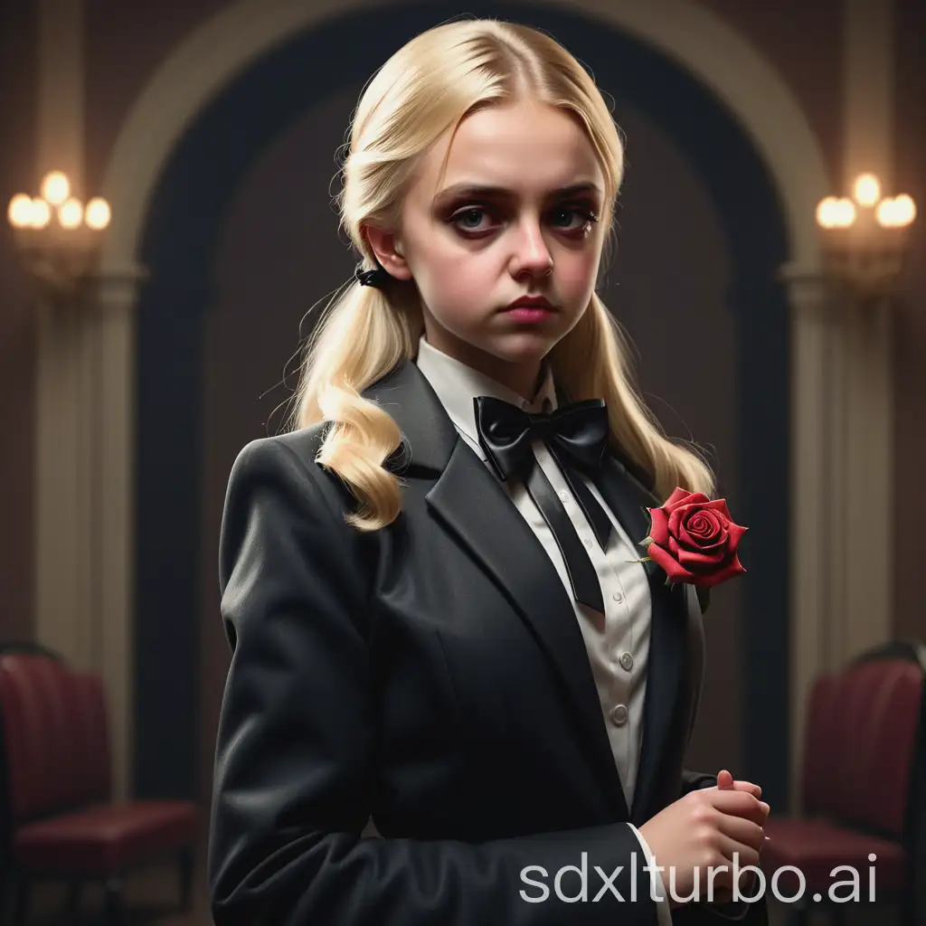 Blonde-Girl-in-Godfather-Costume-with-Rosette-Jacket-Receives-Bow