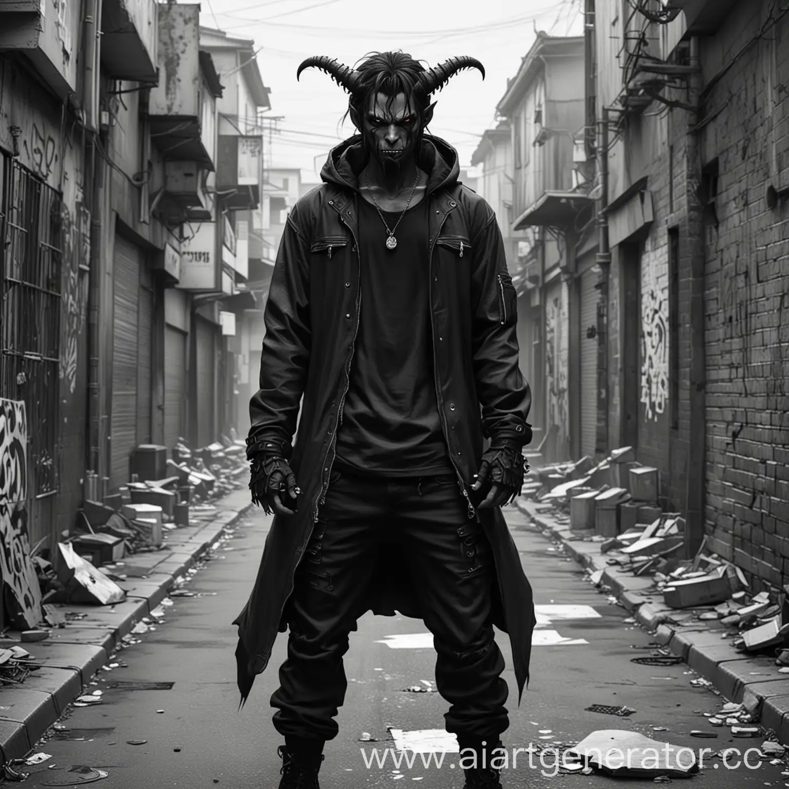 демон в черной одежде в гетто в стиле аниме, черно-белая тематика