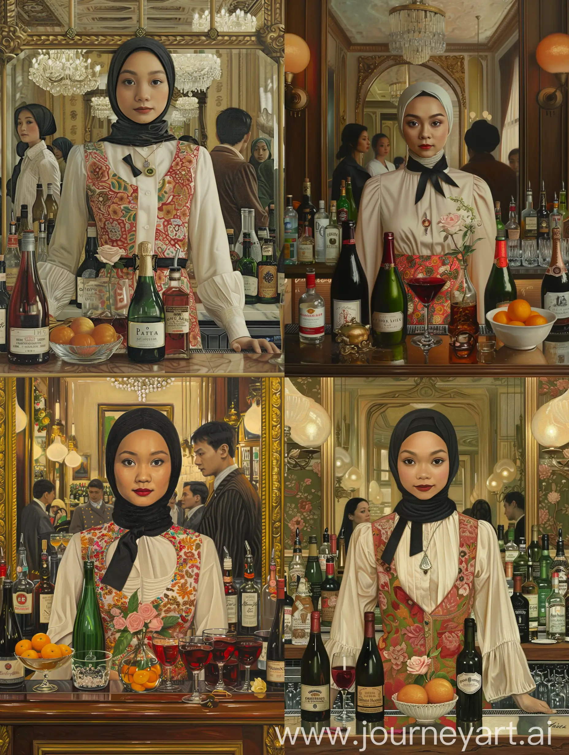 Create an intricate painting of an Indonesian hijab woman, standing directly behind a bar counter, early Impressionist style. Capture them in the center of the frame, with a neutral expression and a direct gaze at the viewer. Include intricate details: a bright fashion dress with a white blouse, a black ribbon tied at the collar, and a pendant necklace. On the bar, picture assorted bottles of red wine and champagne, a bowl of oranges, a glass vase with a sprig of pale pink roses, and a bottle of green absinthe. Their subtle reflections in the mirror behind the bar, along with the blurry figures of the patrons against the dimly lit backdrop, give the impression of a bustling Parisian cafe. Use a palette of muted earth tones with gold accents and soft lighting, to convey mood lighting in the room reflected off the glass and polished wood by Faiza Maghni art by Yayoi Kusama art by National Geographic art