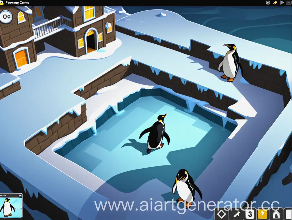 Generate a preview of the Sneak Out game, where the penguins should be in the style of the game, as well as the location of the game similar to the game's screensaver.