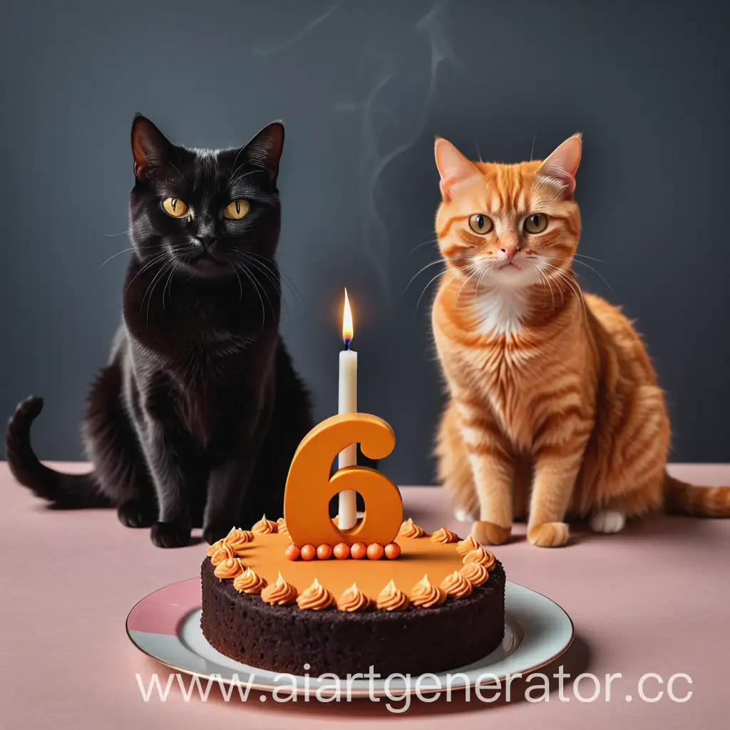 Черный кот, рядом рыжий кот,  рядом торт с одной свечкой в виде цифры 6