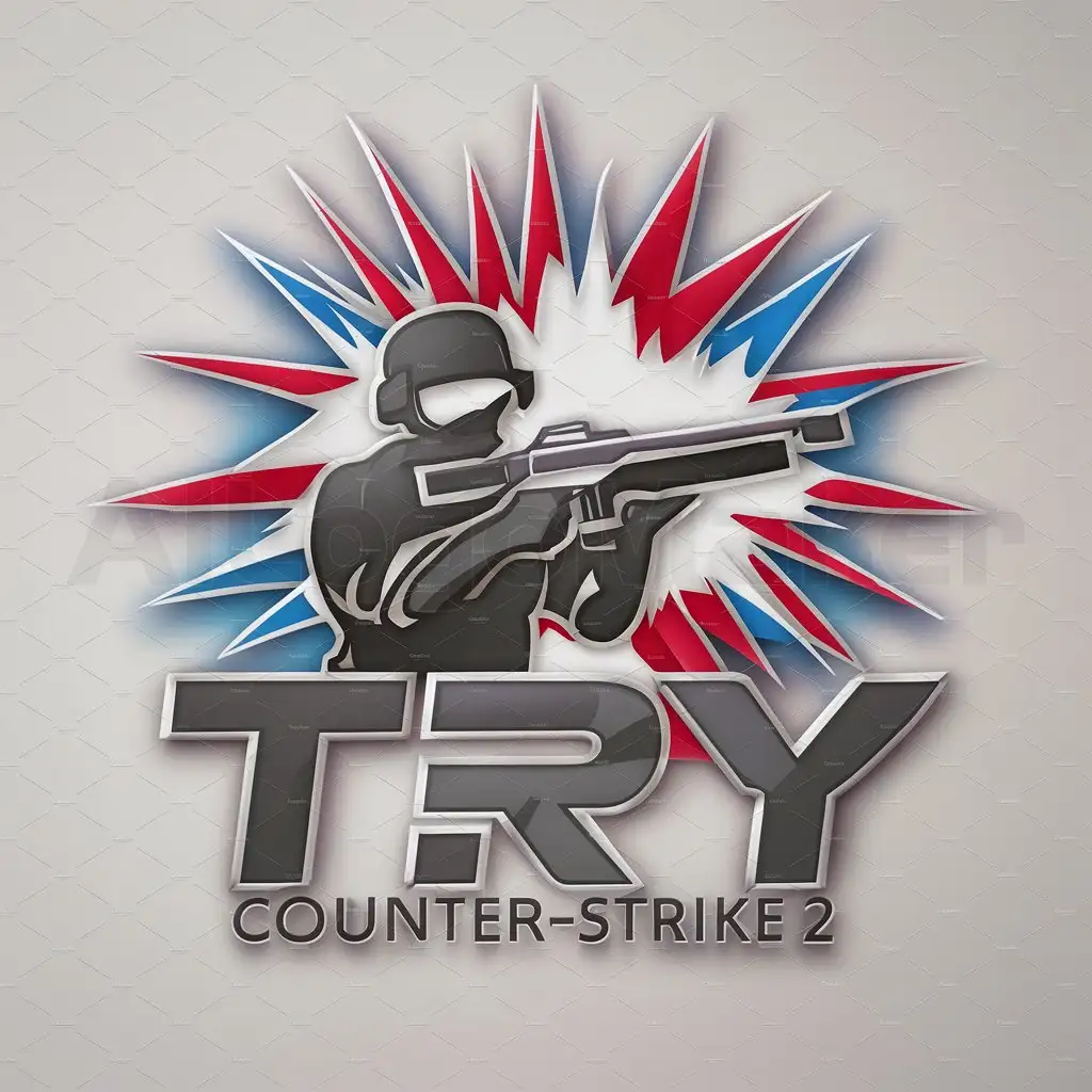 a logo design,with the text "Try", main symbol:a logo design,with the text 'TRY', main symbol:logo for a game similar to counter strike 2, should be drawn: player, weapon, explosion, all on a gradient red-blue background,be used in Entertainment industry,clear background,complex,be used in Entertainment industry,clear background