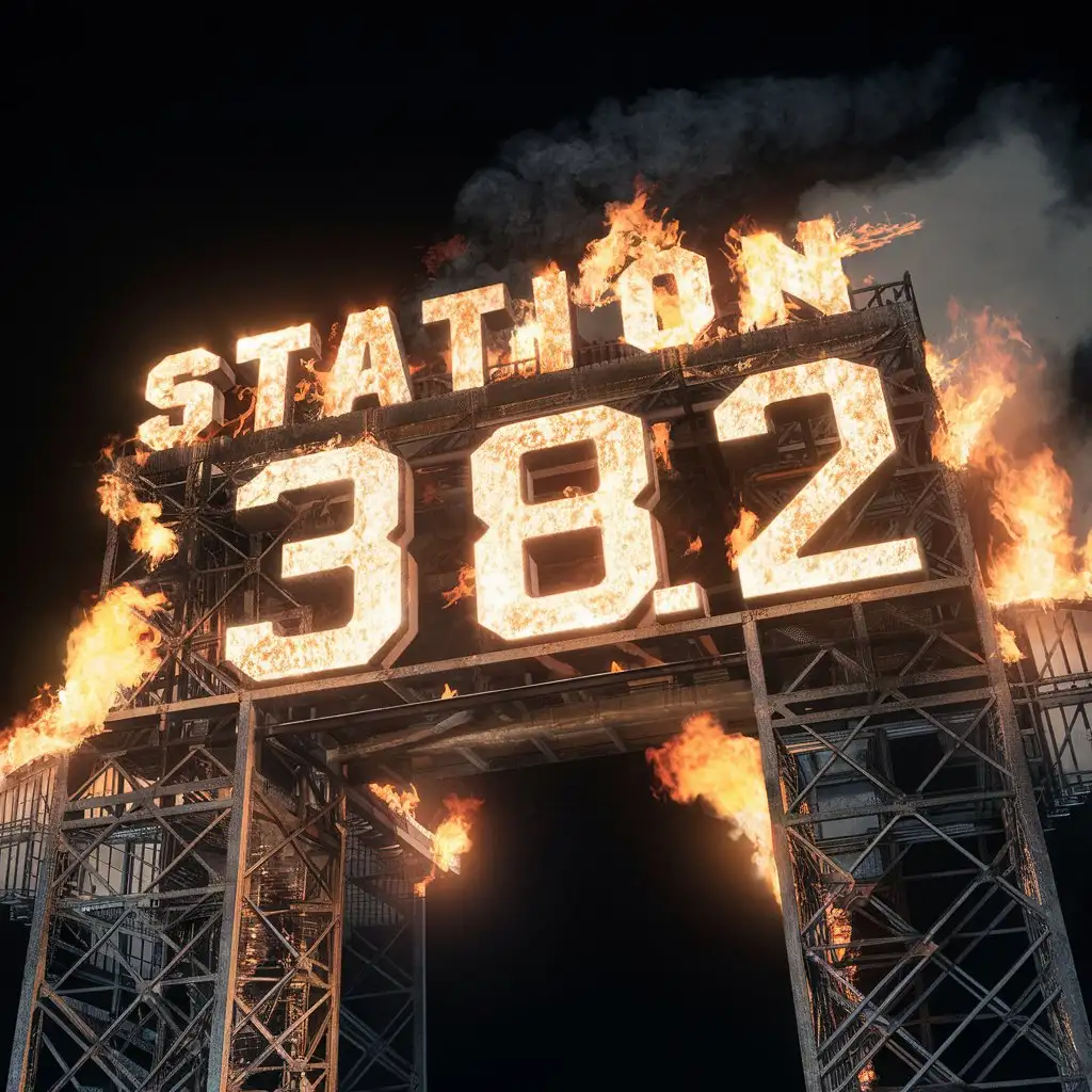 ''station 38.2 the best '', made of steel, burning, black background