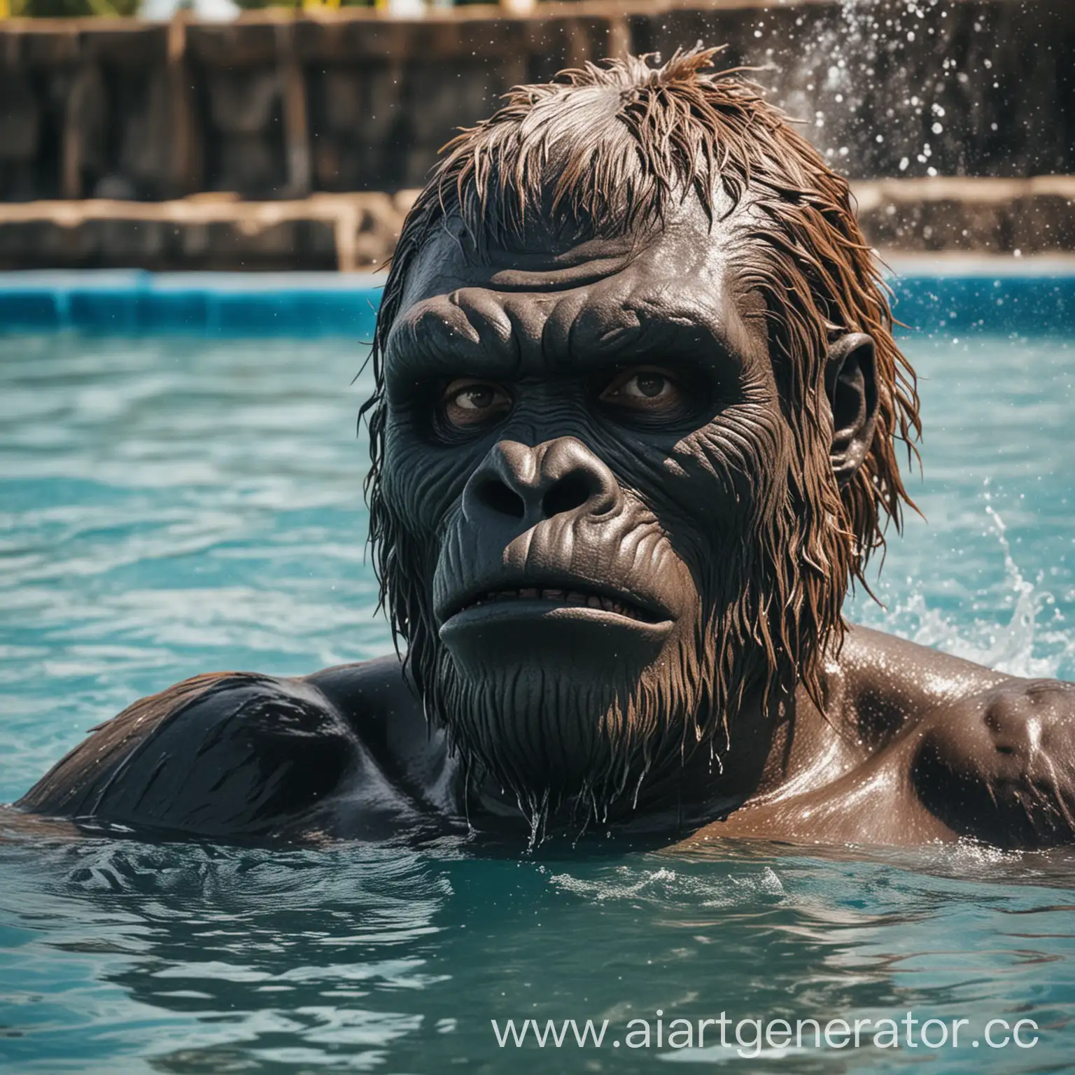 Мужчина в маске гориллы, аквапарк, вода