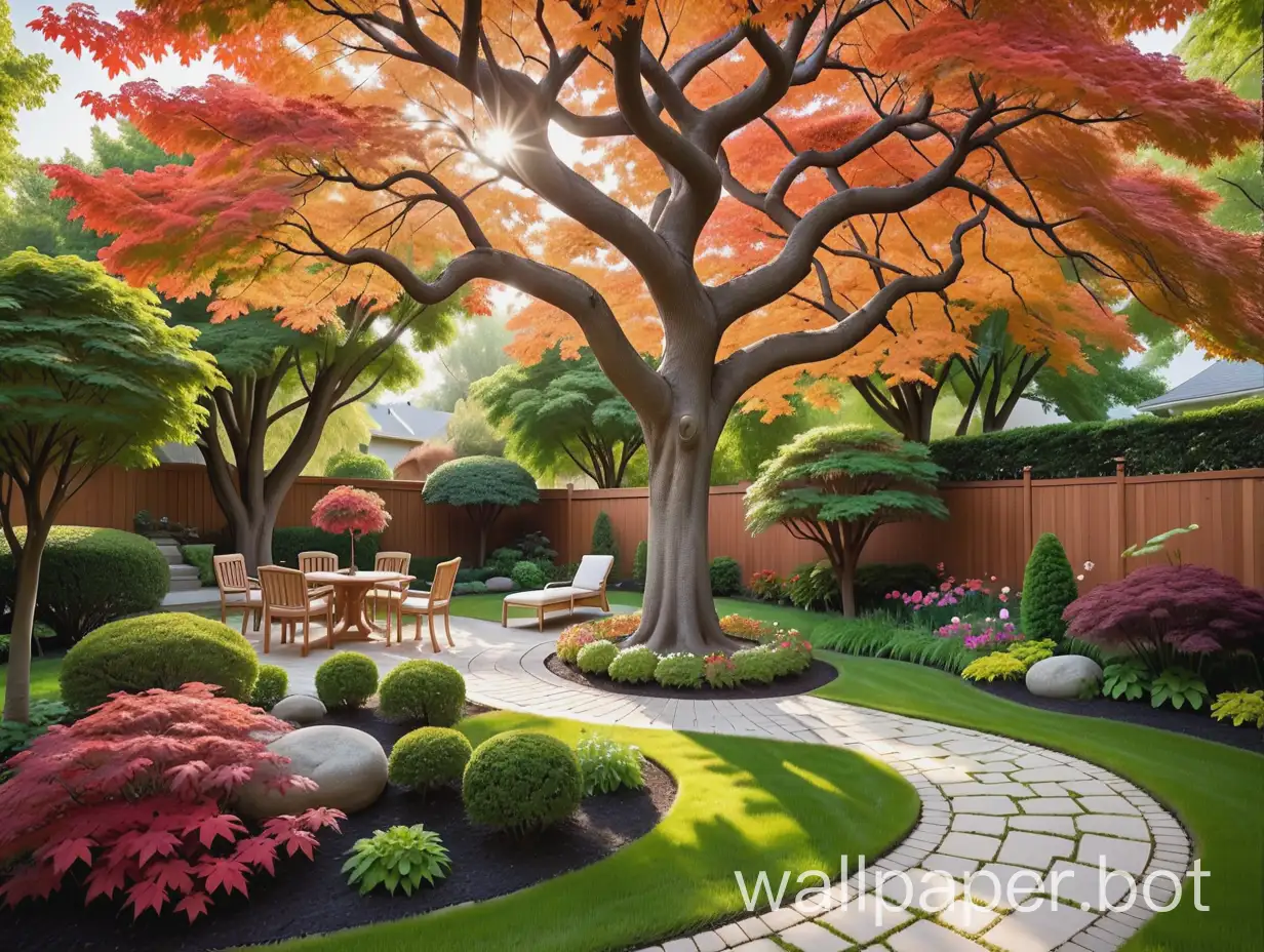 whimsical garden with maple tree