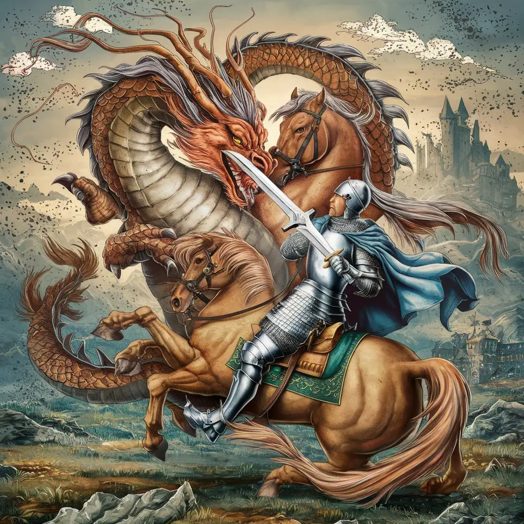 A detailed illustration of a dragon and a knight locked in an epic battle.