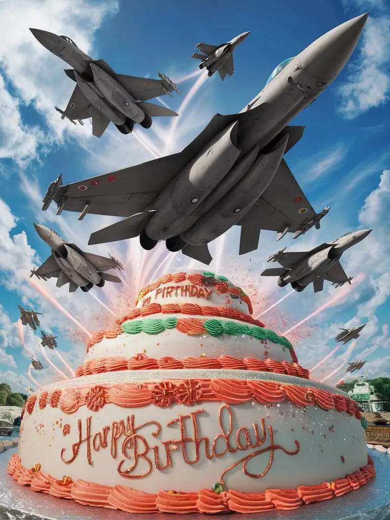 fighter jets flying over a birthday cake writing "happy birthday"