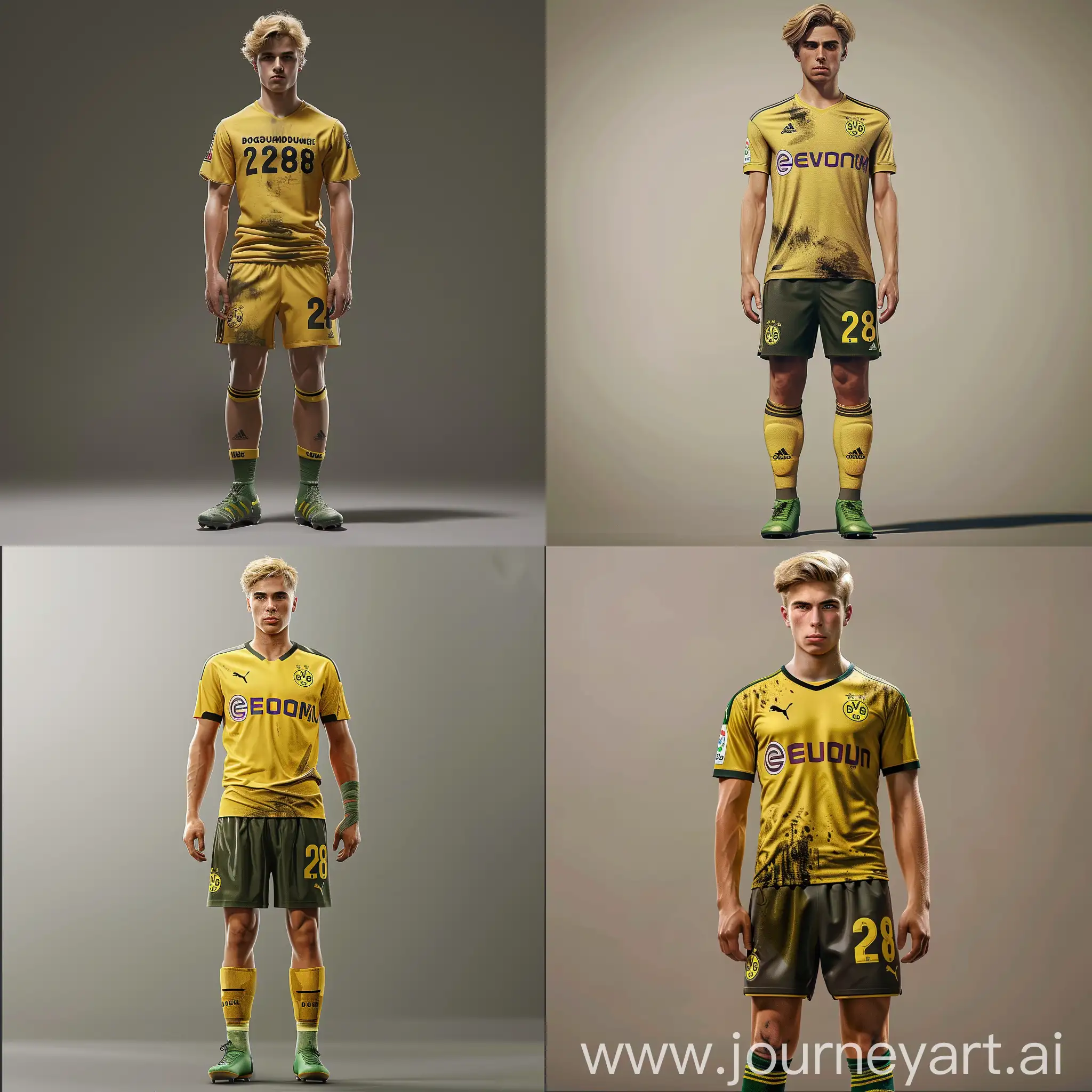 Blond, brown eyes, a sense of superiority on his face, hairstyle curtains, standard build, Borussia Dortmund T-shirt, Borussia Dortmund shorts with number 28, green adidas boots, charismatic, nationality German, 17 years old, male, realistic style, full-length, similar to Lothar Matthäus