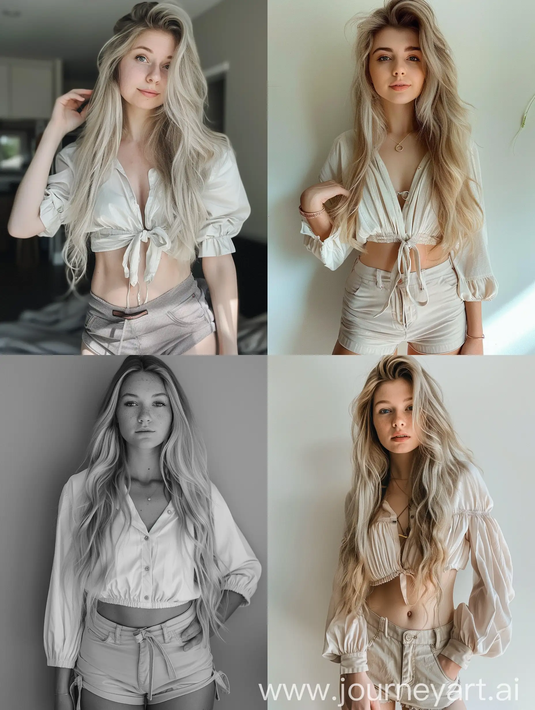  1 girl, long blond hair, 22 years old, influencer, beauty,    no filters, iphone photo, natural,  curves, fitness, shorts, blouse