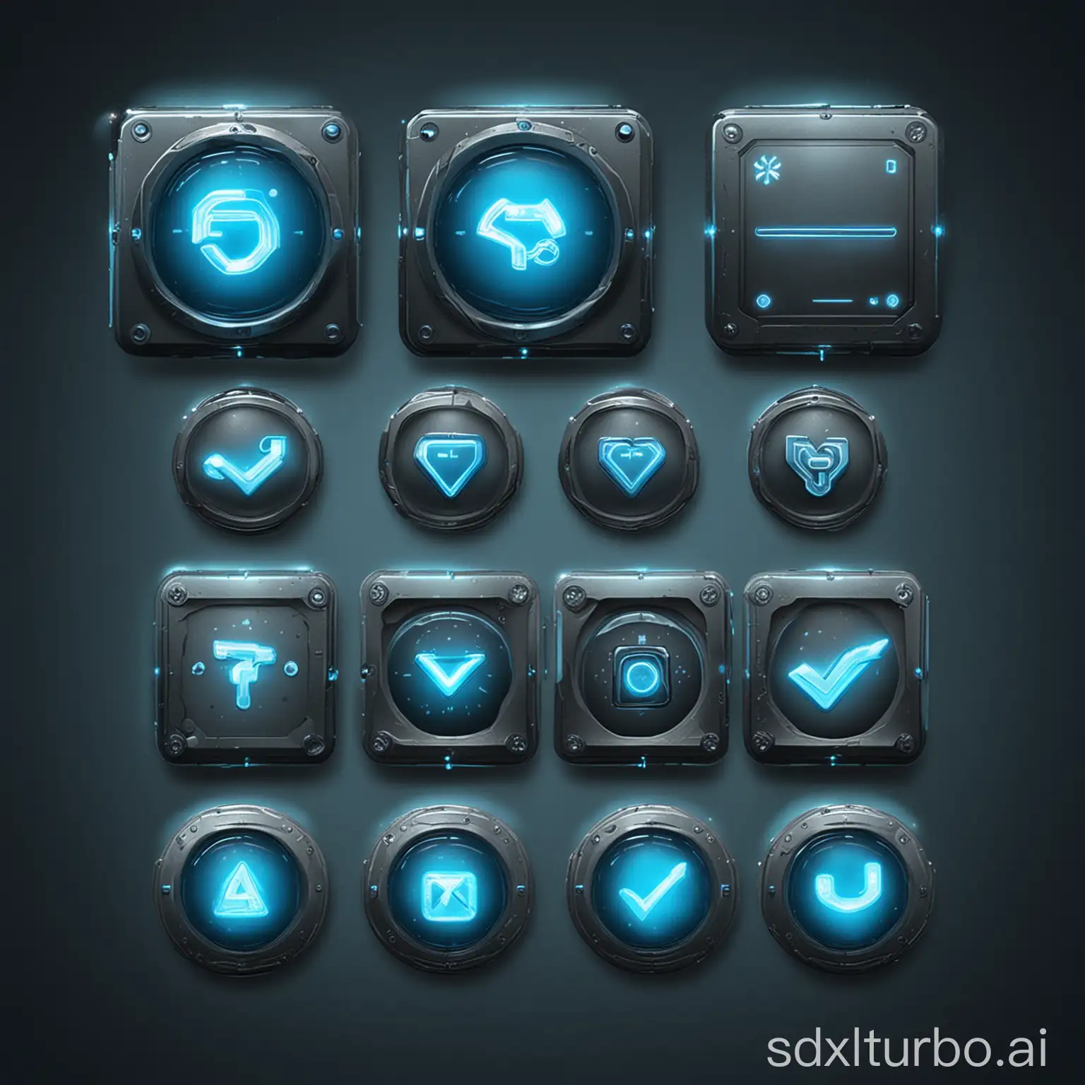 a collection of menu icon button with a checkbox symbol, GUI element for a space game, metalic look with blue glowing lights