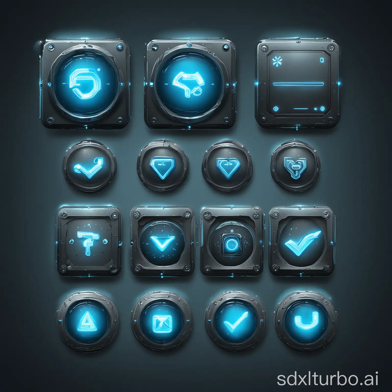  a collection of menu icon button with a 
checkbox symbol, GUI element for a space game, metalic look with blue glowing lights