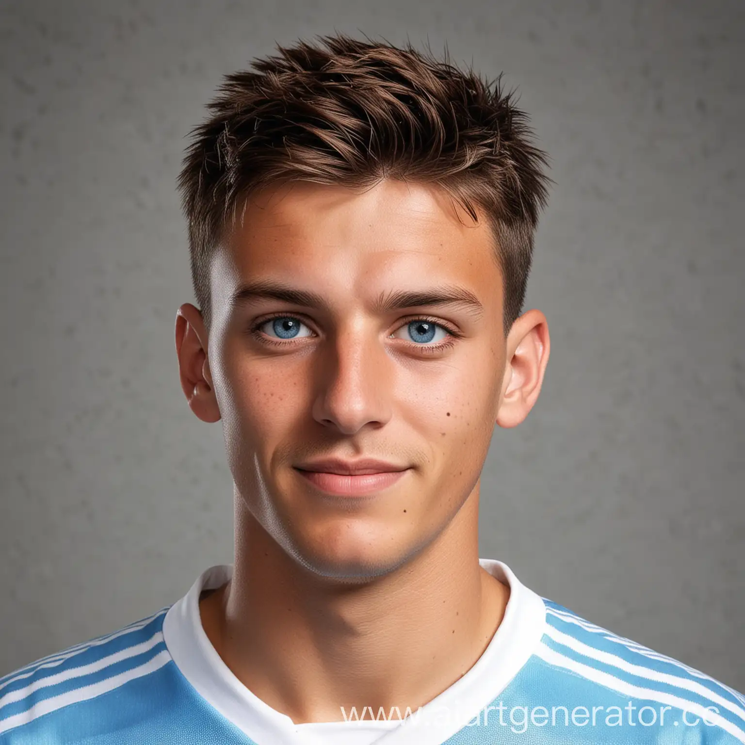 аргентинский футболист, молодой, с очень короткой стрижкой, голубыми глазами, как реальный человек, немного улыбчивый, фото как на паспорт, в бело-голубой футбольной форме