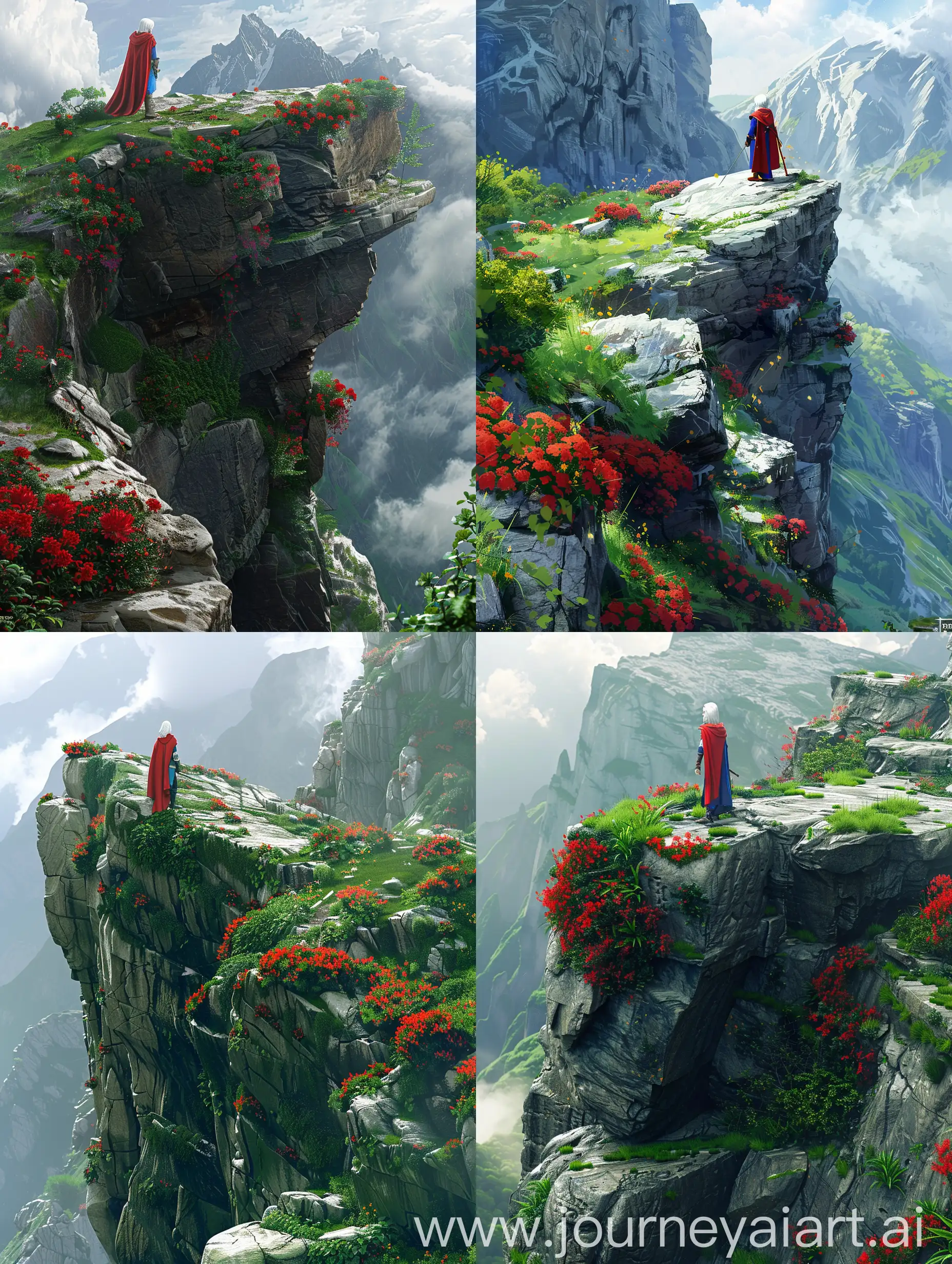 A medieval warrior stands on the edge of a rocky mountain, surrounded by lush greenery and vibrant red flowers. The warrior wears a red cloak and blue attire, their white hair contrasting against the natural backdrop. . The rocky cliff extends into the distance, adorned with green grass and bright red blooms. Beyond the cliff, majestic mountains rise, their peaks disappearing into fluffy white clouds. The overall atmosphere is serene and awe-inspiring.
