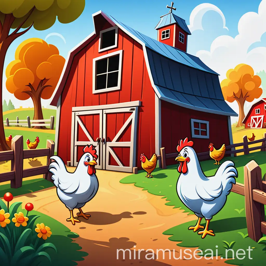 иконка для компьютерной игры, размер 1024x1024, стиль мультиков дисней, изобразить амбар в деревне с курицами