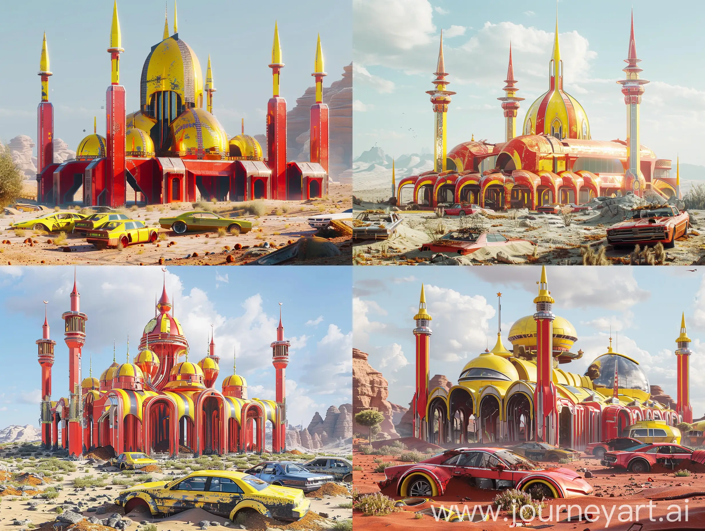a shiny and clean mosque made of red yellow sleek sci-fi metal pieces, set in a desert landscape, partially buried futuristic cars hinting at abandonment, Marvel Cinematic Universe inspired aesthetics --ar 4:3