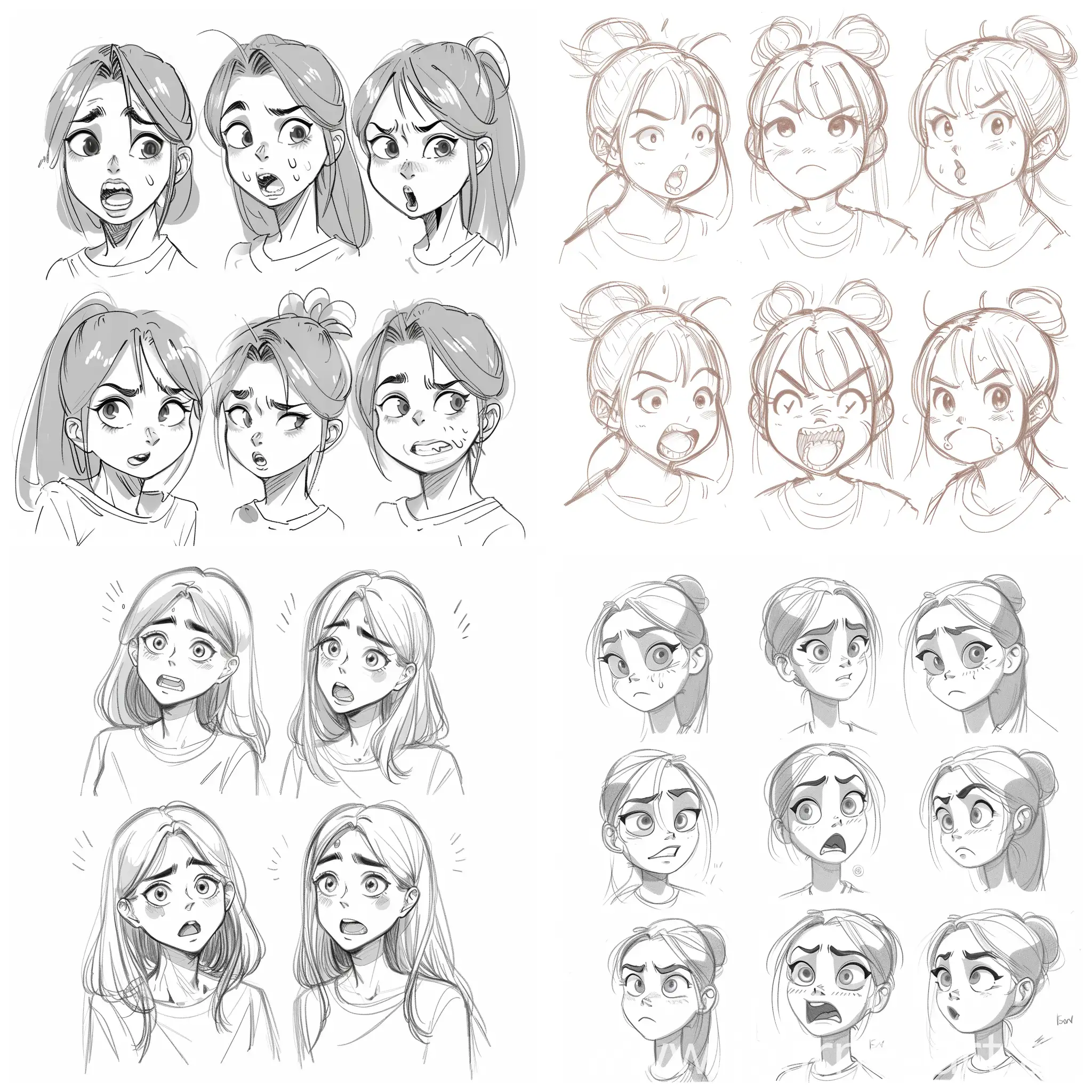 Sketch of a female anime character doing different facial expressions, cute, big eyebrows