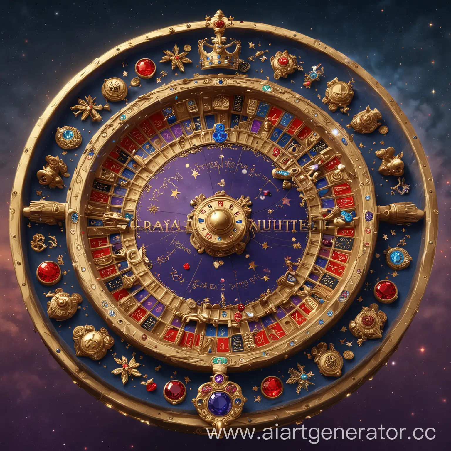 Background: Grandiose castle with high towers against the night sky with bright stars, surrounded by jewels and gold coins. Center Object: In the center is a roulette wheel with a golden rim surrounded by crowns and jewels. Details: Golden number "7" on the roulette, royal paraphernalia (scepters and coats of arms), scattered gold coins and jewels. Color Palette: Deep blue (sky), gold (roulette parts and coins), purple and red (jewels and crowns). Additional elements: A slight glow or sparkle around the roulette, the logo or name "RoyalBetRealm" at the bottom or top in gold letters with royal elements such as a crown or coat of arms.