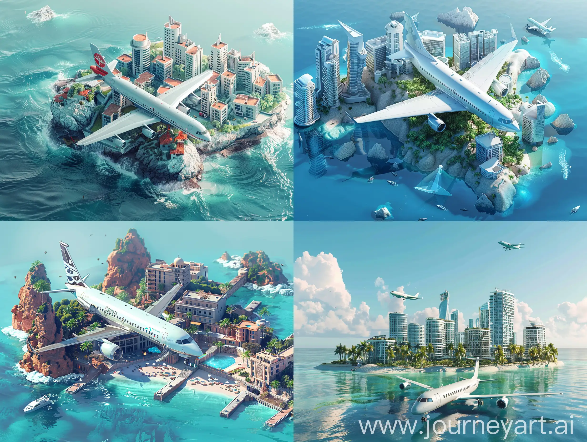 an airplane is sitting on an island with several buildings, in the style of industrial and product design,light blue and white, data visualization, glazed surfaces, bold graphic illustrations, fluid networks, hyper-realistic water
