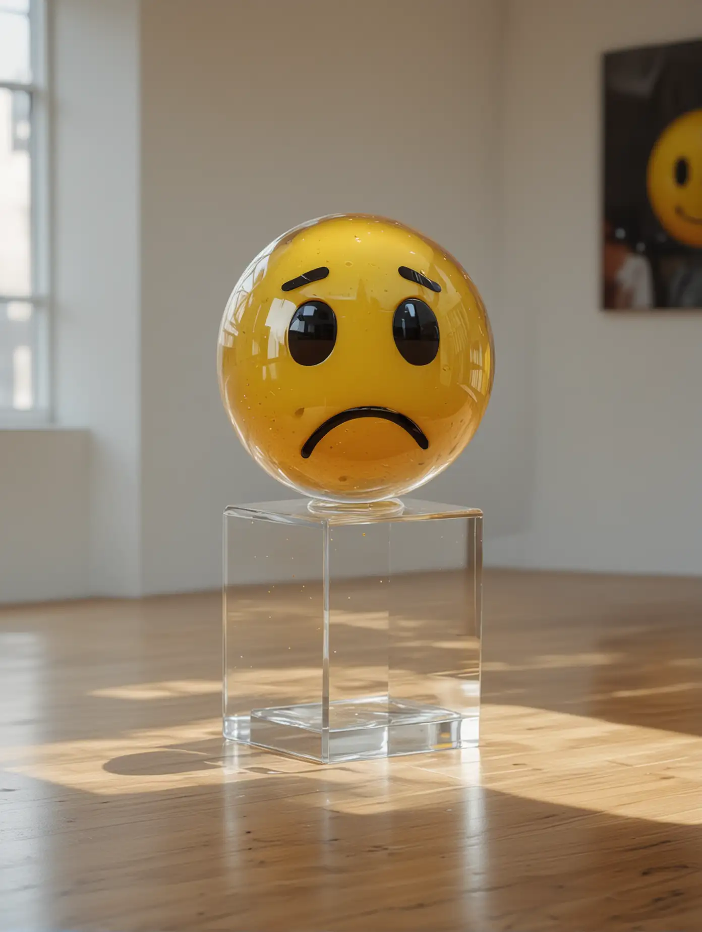 glass sculpture the sculpture looks like a sad emoji, displayed inside an art gallery, several glass emojis in the background, natural light, ultra realistic, v6, stylize 800