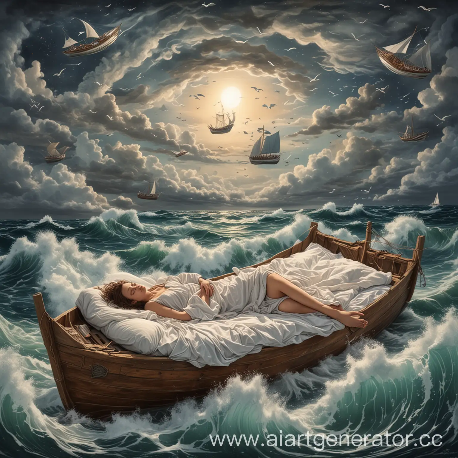 Draw me a  sleeping woman. the woman is in her bed and the bed is floating in the sky. She is dreaming about waves and boats the waves and boats on them are around the woman