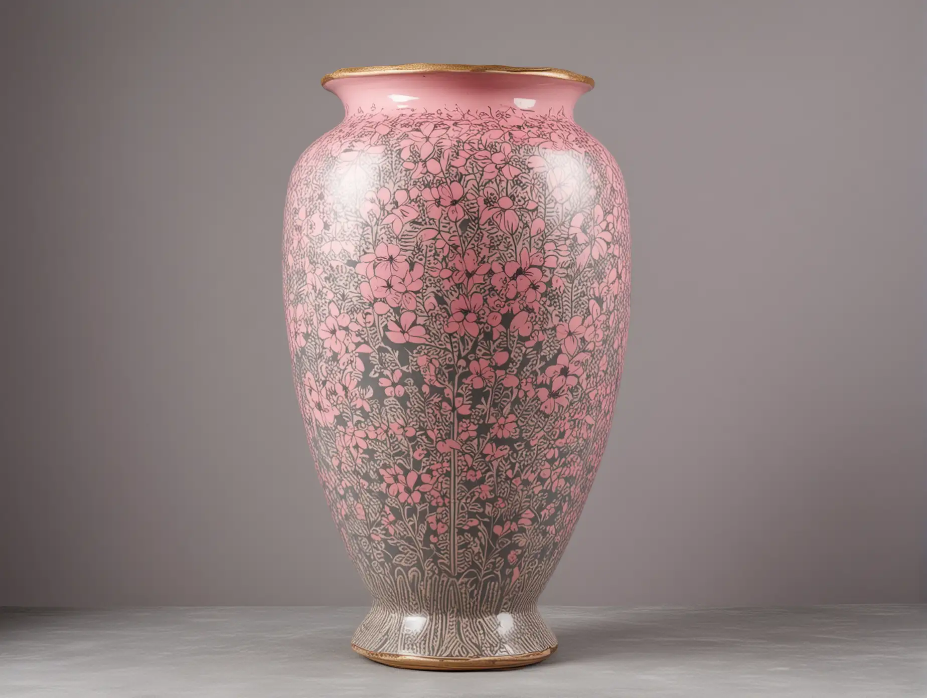 giant vase with delicate pink designs on it on a pedestal with grey background