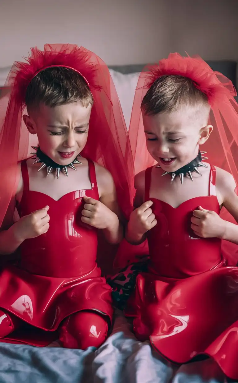 (((Gender role reversal))), 2 cute little boys are waking up in bed, they are tired and confused to find themselves wearing a bunch of red latex dresses and veils, choker necklaces with spikes on, short smart hair, they are looking down at their clothes