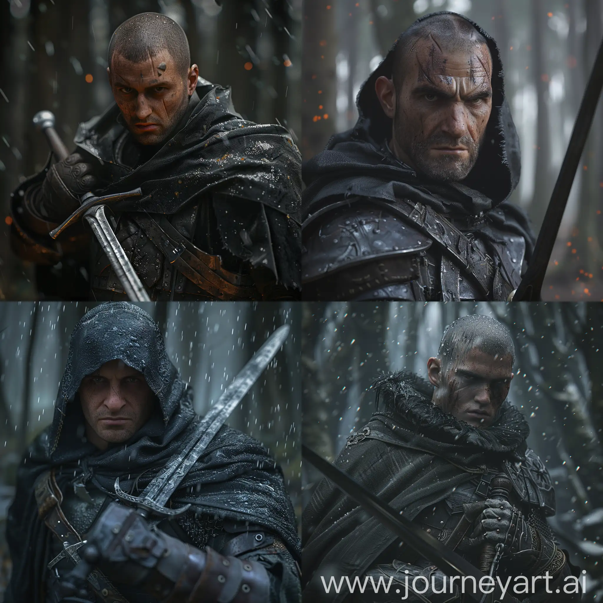 portrait of a young ranger man with a cold stare wearing a ((black cloak)) and armor (holding a sword), grizzled, bald, angry, grim, dark colors, forest background, sharp, highly detailed, concept art, realistic hands, dynamic pose, dynamic shotfantastic location, majestic cluttered environment)), full body 8k unity render, action shot, skin pores, very dark lighting, heavy shadows, detailed, detailed face, (vibrant, photorealistic, realistic, dramatic, dark, sharp focus, 8k), (weathered damaged old worn leather outfit:1.4), (intricate:1.4), decadent, (highly detailed:1.4), digital painting, octane render, artstation, concept art, smooth, sharp focus, illustration, art by artgerm, (loish:0.23), wlop ilya kuvshinov, and greg rutkowski and alphonse mucha gracias, (global illumination, studio light, volumetric light), heavy rain, particles floating, dim light, trim light, two-tone lighting, <lora:epiNoiseoffset_v2:2>