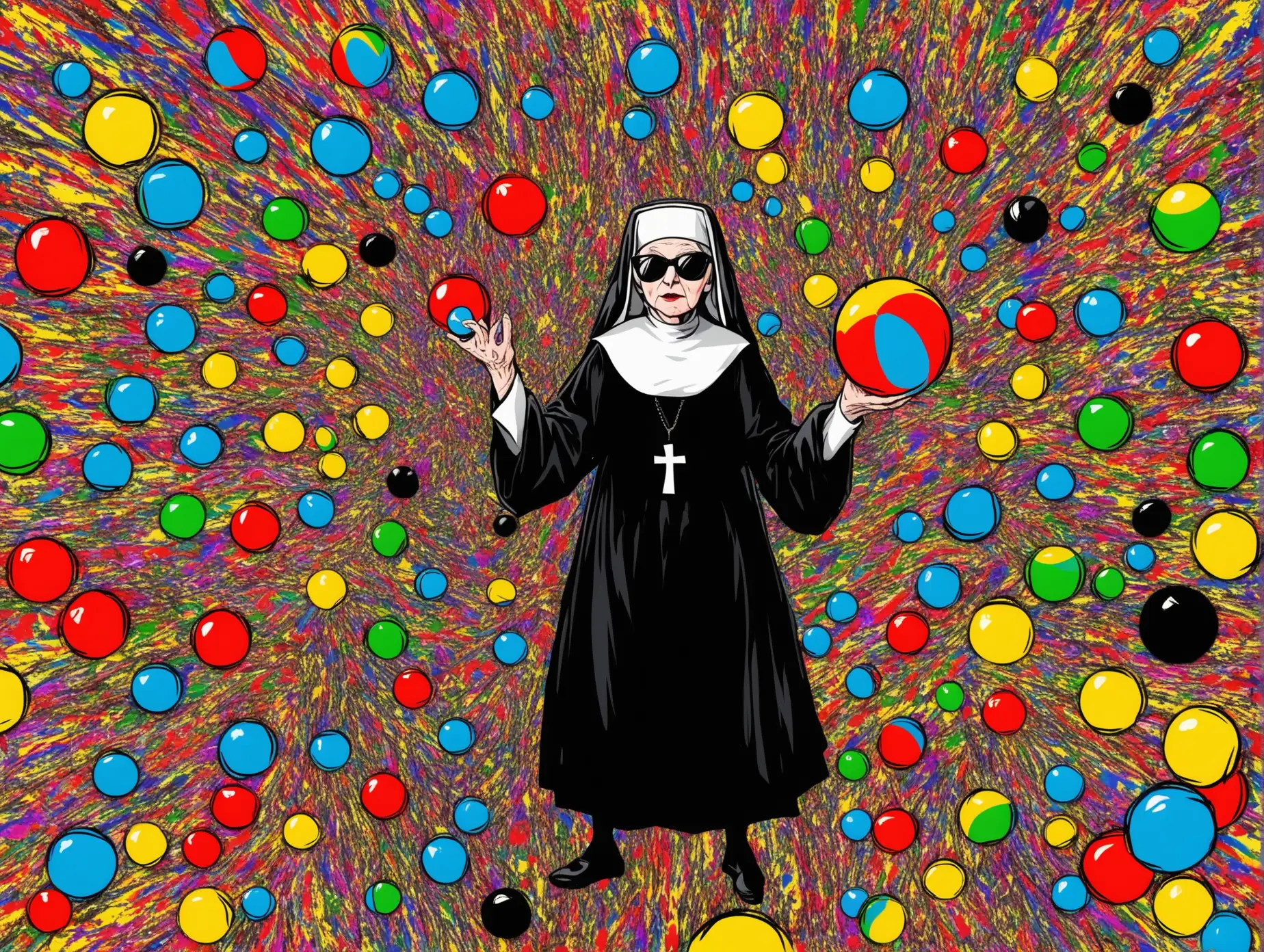 CRAZY OLD NUN WEARING SUNGLASSES JUGGLING BALL  IN STYLE OF JACKSON POLLOCK PSYCHEDELIC, CRAZY BACKGROUND, MOSTLY  

NUN JUGGLING BALL



