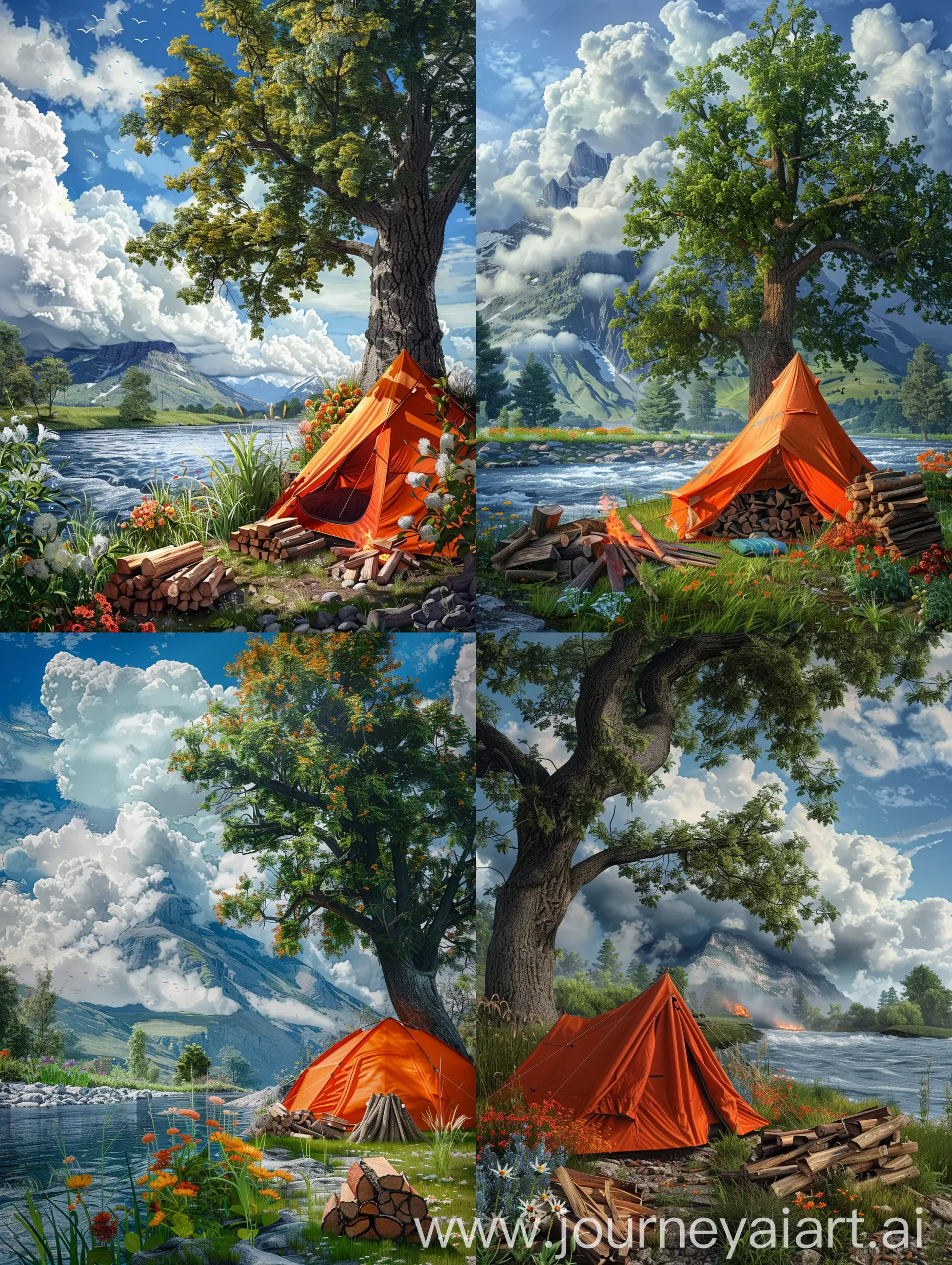 Surrealistic-Camping-Scene-Riverside-Tent-and-Bonfire