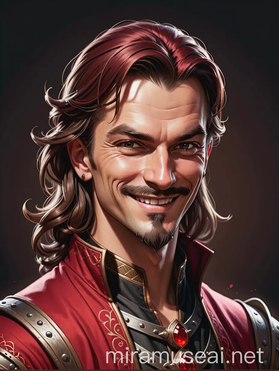 a half body drawing of a fantasy medieval smirking baron, wearing a red clothes, on a black and brown background, in drawing style